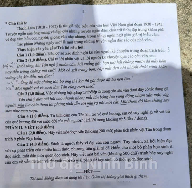 Đề thi vào lớp 10 môn Văn Ninh Bình 2025