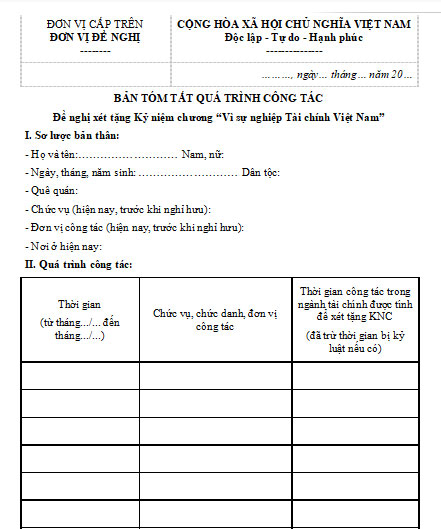 Mẫu bản tóm tắt quá trình công tác đề nghị xét tặng kỷ niệm chương vì sự nghiệp tài chính