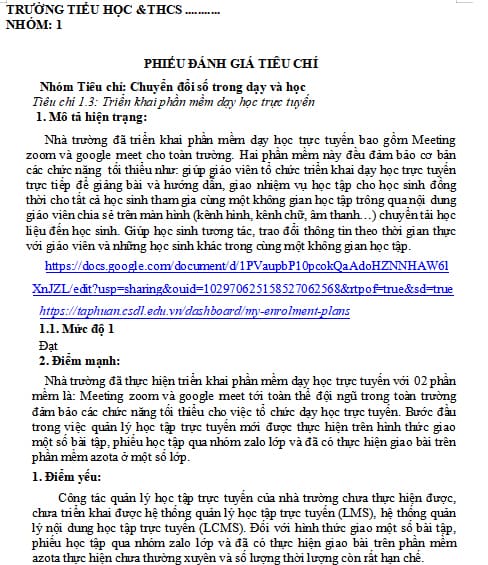 Phiếu đánh giá tiêu chí mức độ chuyển đổi số