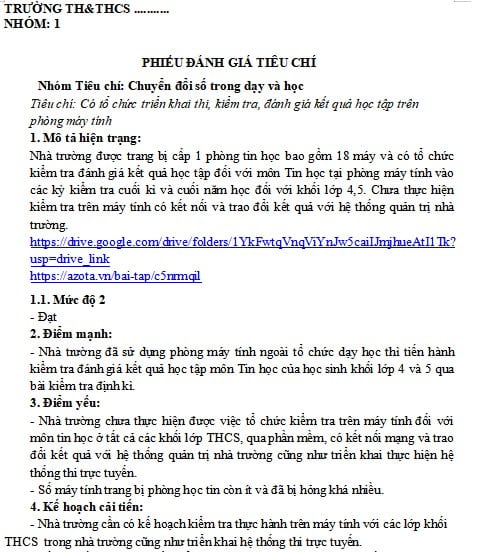 Phiếu đánh giá tiêu chí mức độ chuyển đổi số