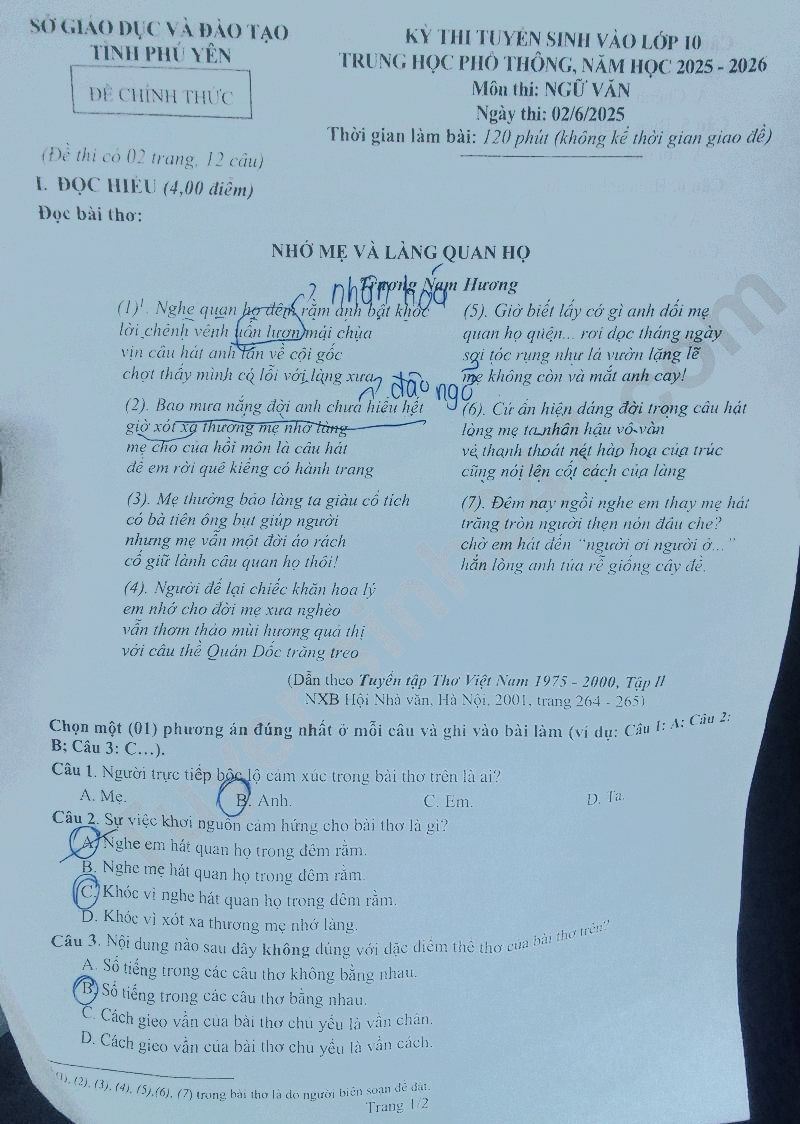 Đề thi vào lớp 10 môn Văn Phú Yên 2025