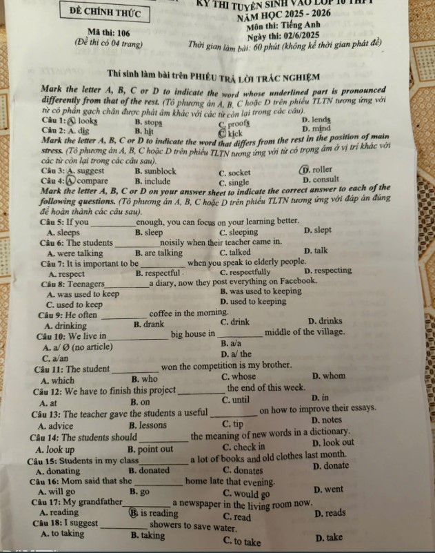 Đề thi vào 10 2025 môn Anh Sơn La