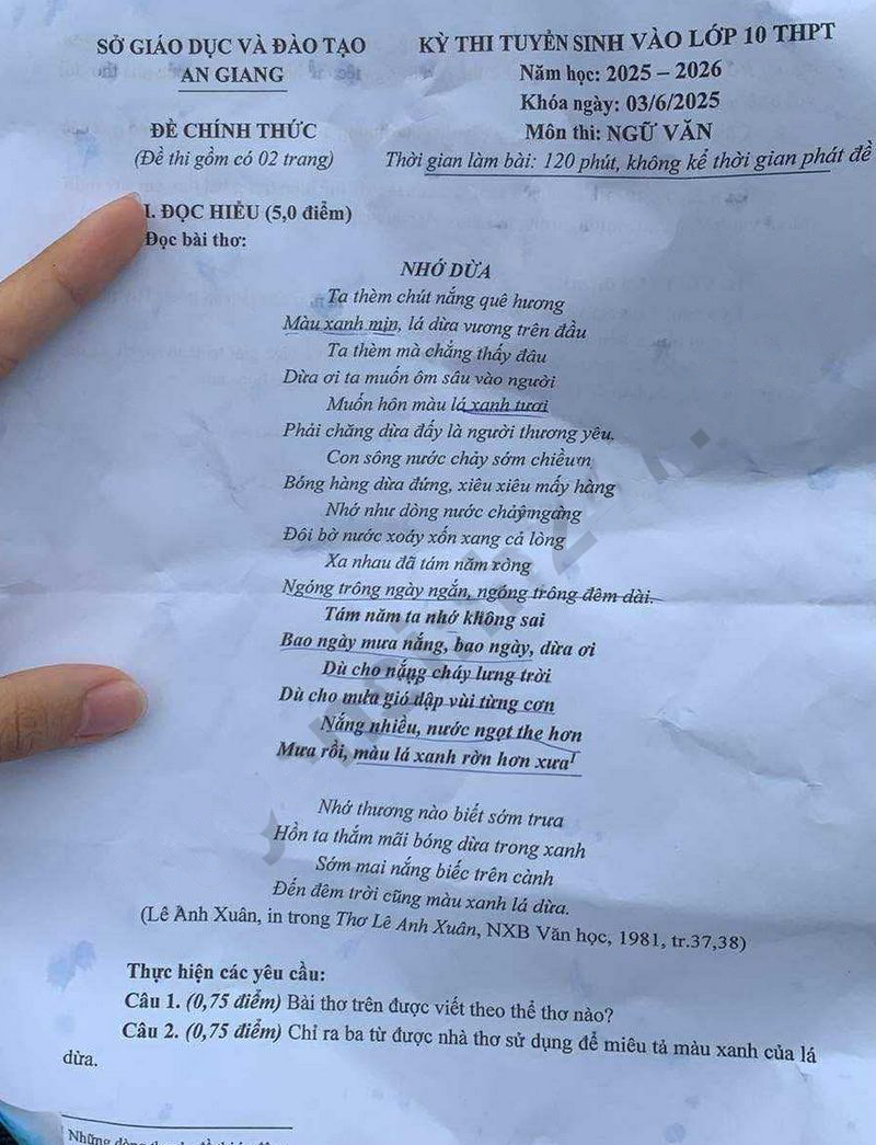 Đề thi vào lớp 10 môn Văn An Giang 2025