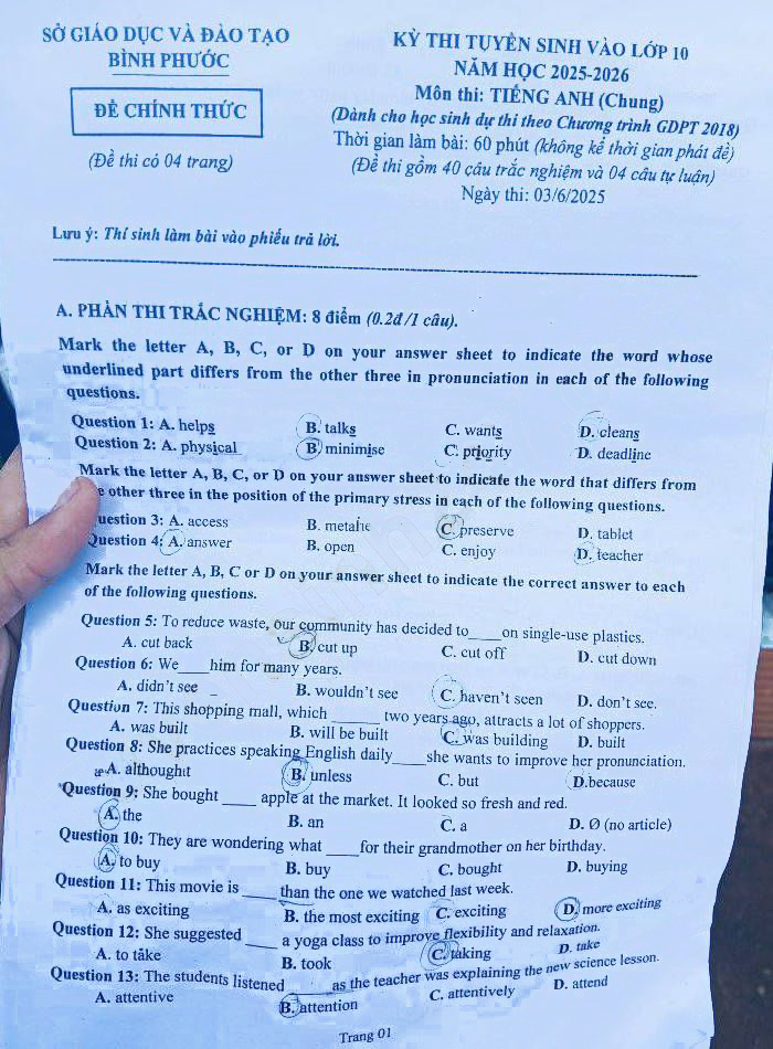 Đề thi tuyển sinh lớp 10 môn Anh Bình Phước 2025