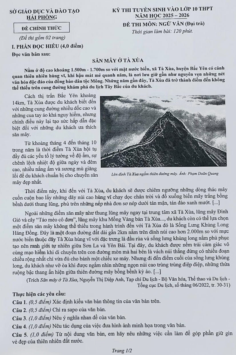 Đề thi vào lớp 10 môn Văn Hải Phòng 2025