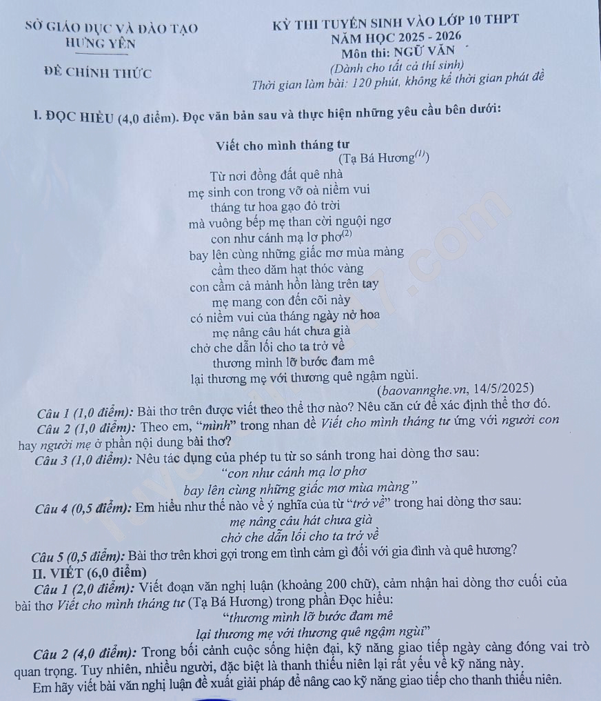 Đề thi vào lớp 10 môn Văn Hưng Yên 2025