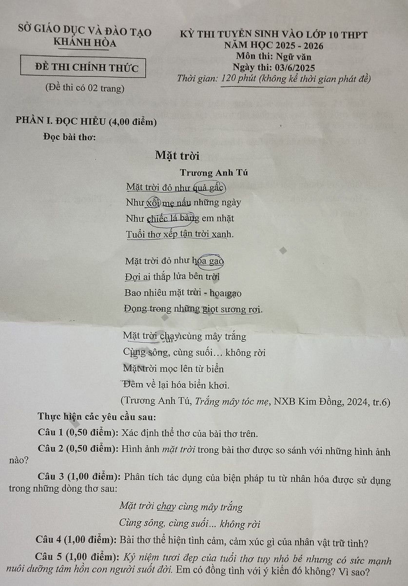 Đề thi vào lớp 10 môn Văn Khánh Hòa 2025