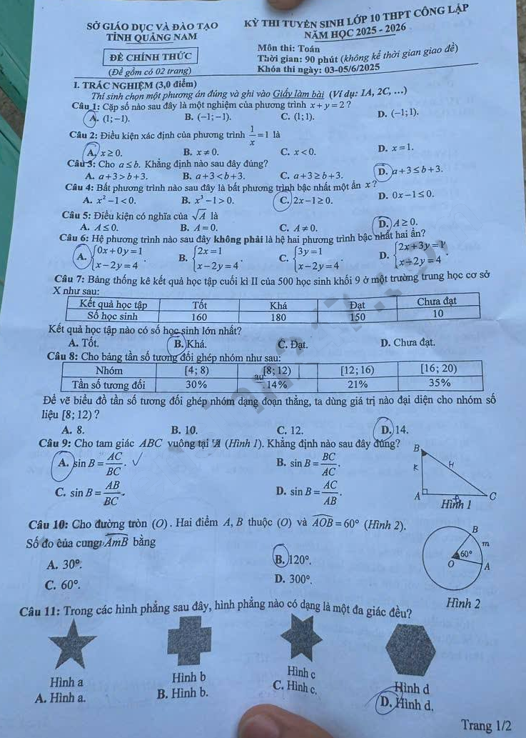 Đề thi tuyển sinh lớp 10 môn Toán Quảng Nam 2025