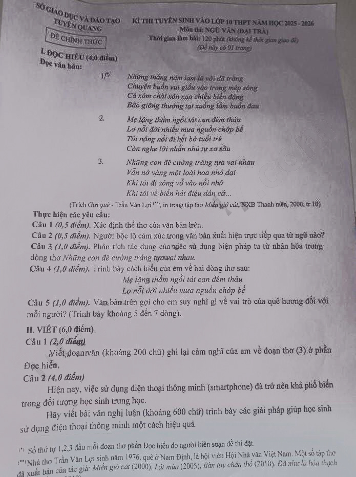 Đề thi vào lớp 10 môn Văn Tuyên Quang 2025