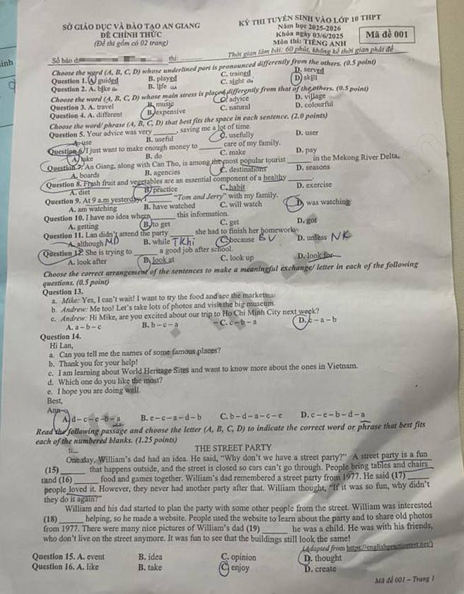 Đề thi vào lớp 10 môn Anh An Giang 2025