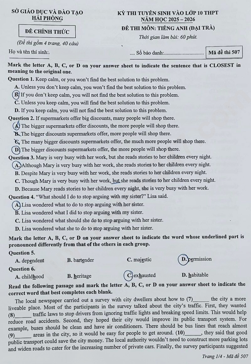 Đề thi vào lớp 10 môn Anh Hải Phòng 2025