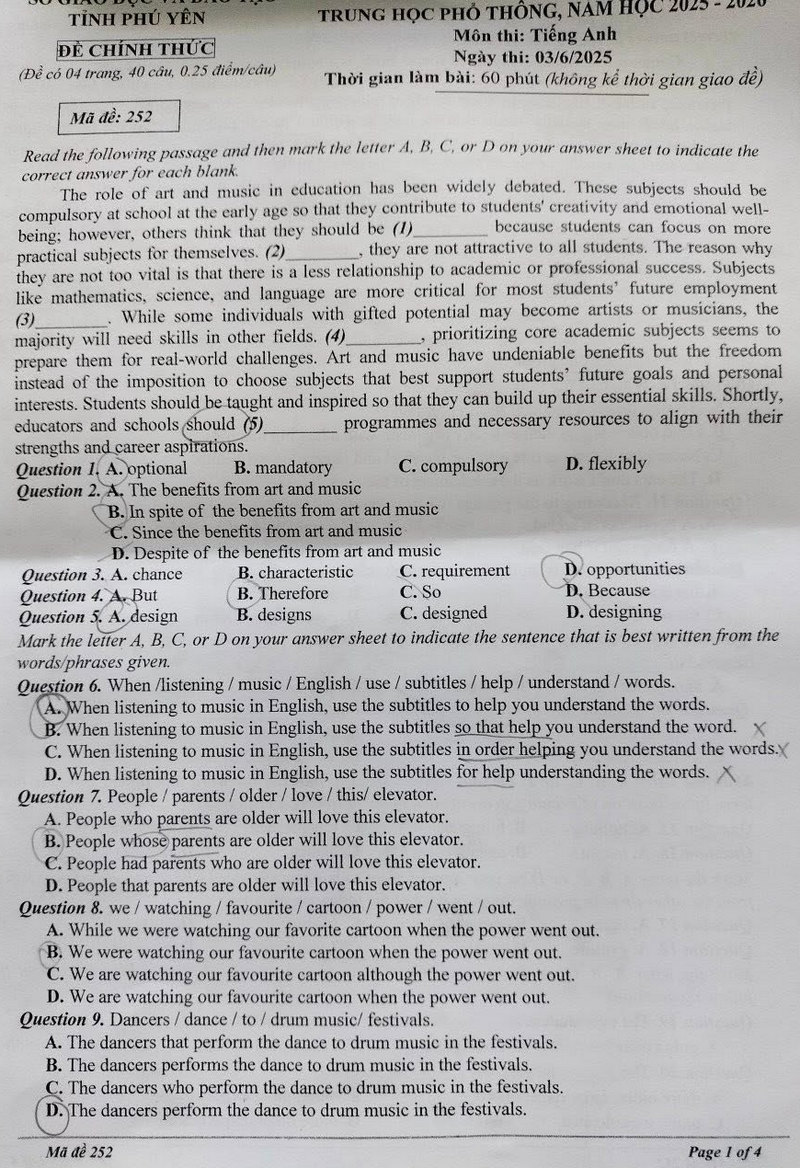 Đề thi vào lớp 10 môn Anh Phú Yên 2025