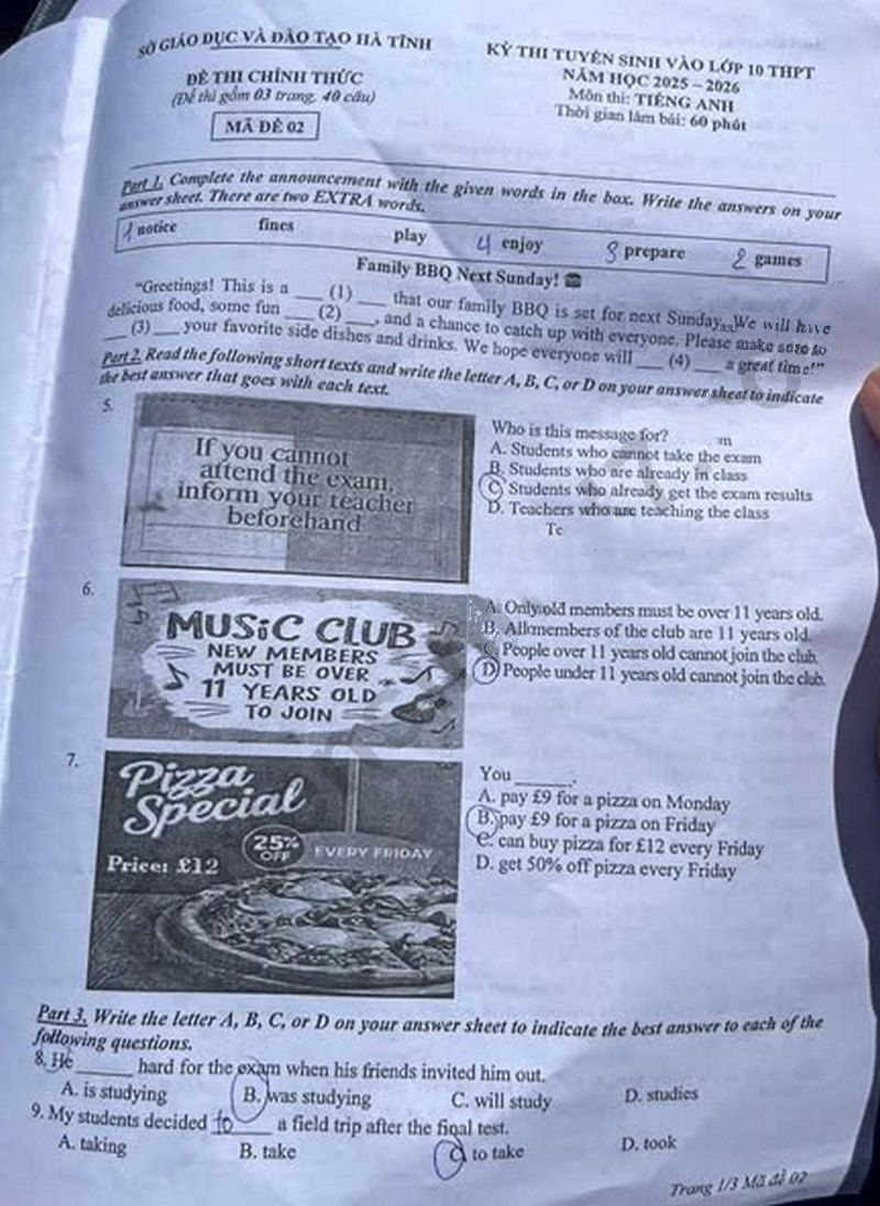 Đề thi vào lớp 10 môn Anh Hà Tĩnh 2025