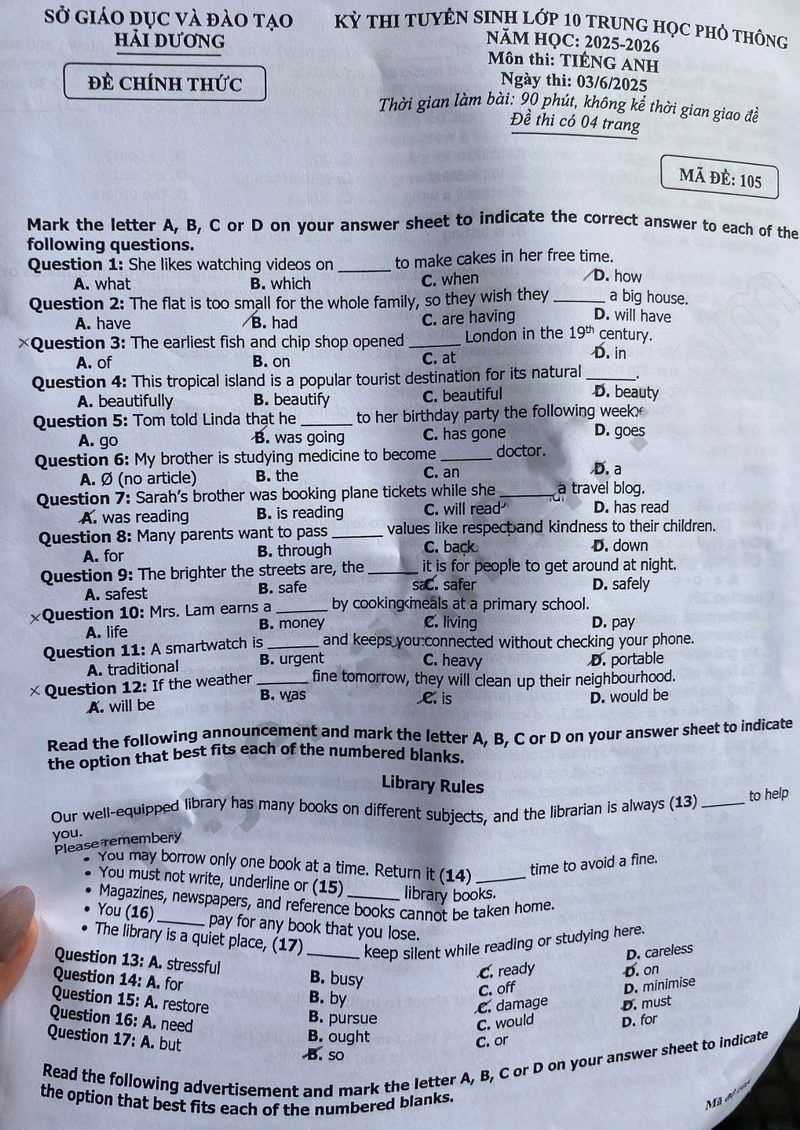 Đề thi vào lớp 10 môn Anh Hải Dương 2025