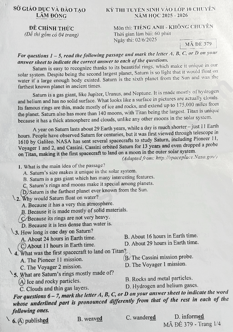 Đề thi tuyển sinh vào lớp 10 môn Anh Lâm Đồng 2025