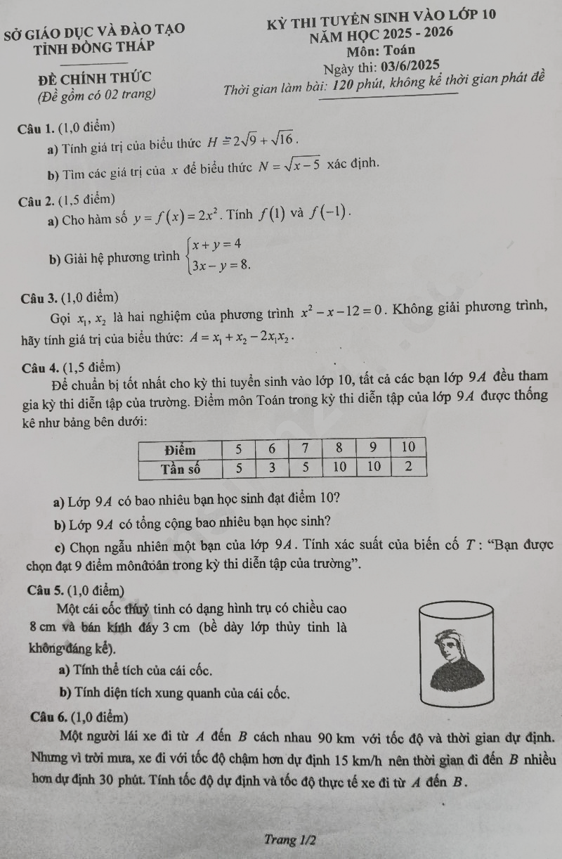 Đề thi vào 10 môn Toán Đồng Tháp 2025