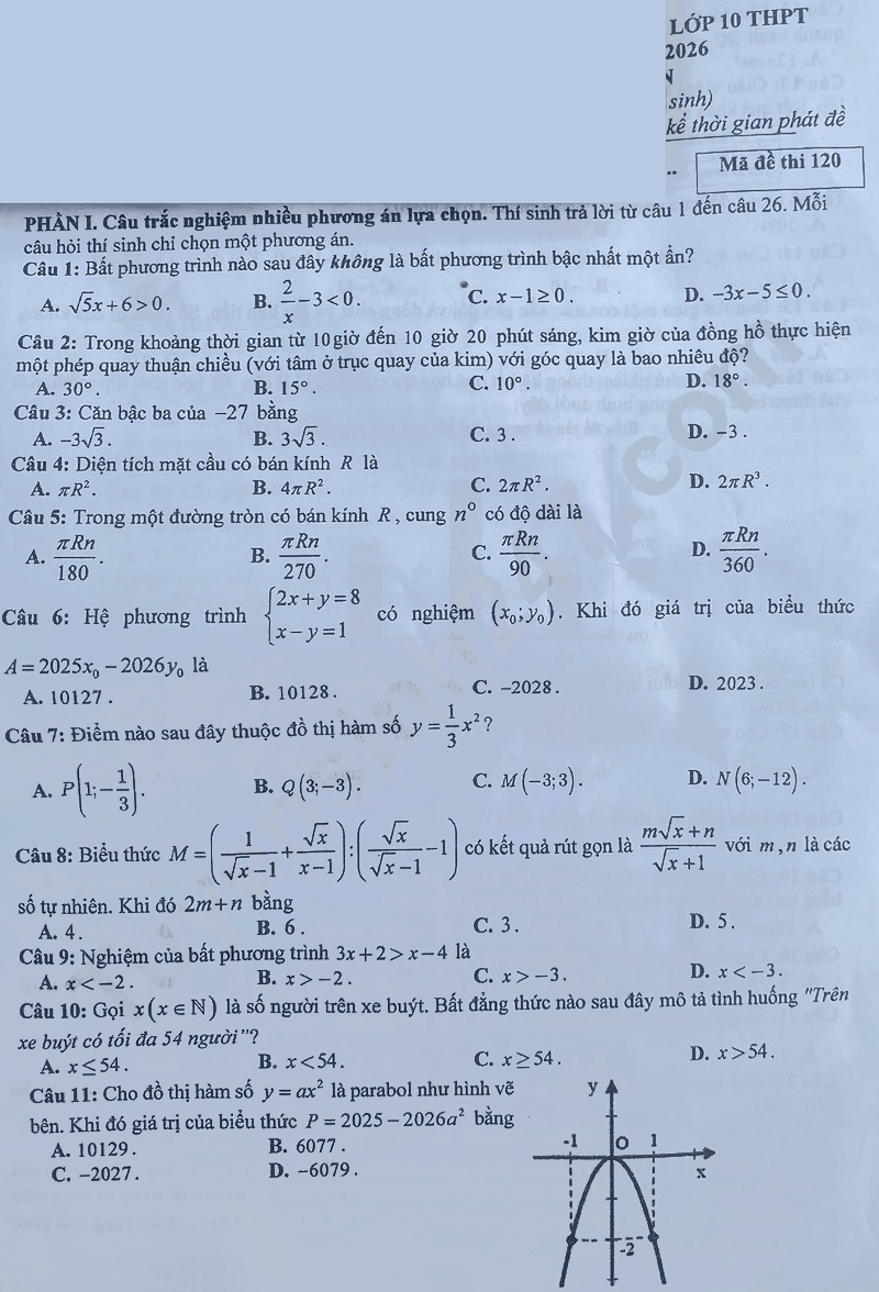 Đề thi vào lớp 10 môn Toán Hưng Yên 2025