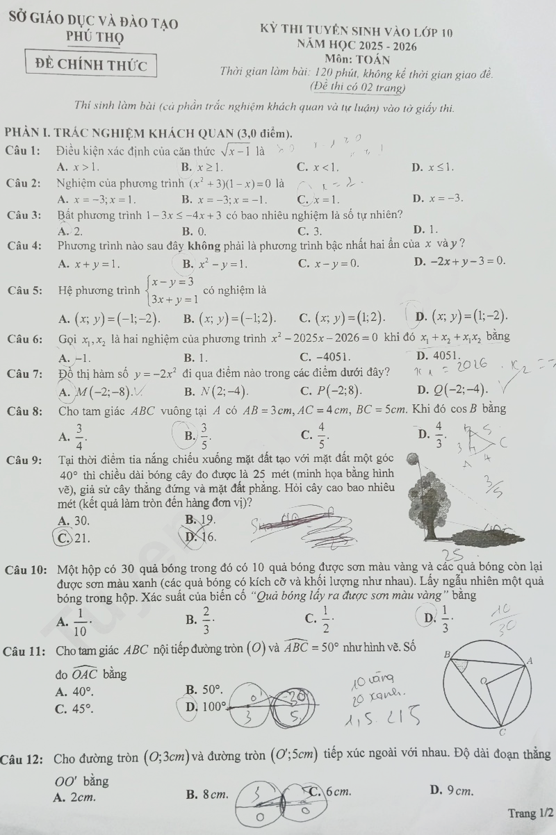 Đề thi vào lớp 10 môn Toán Phú Thọ 2025