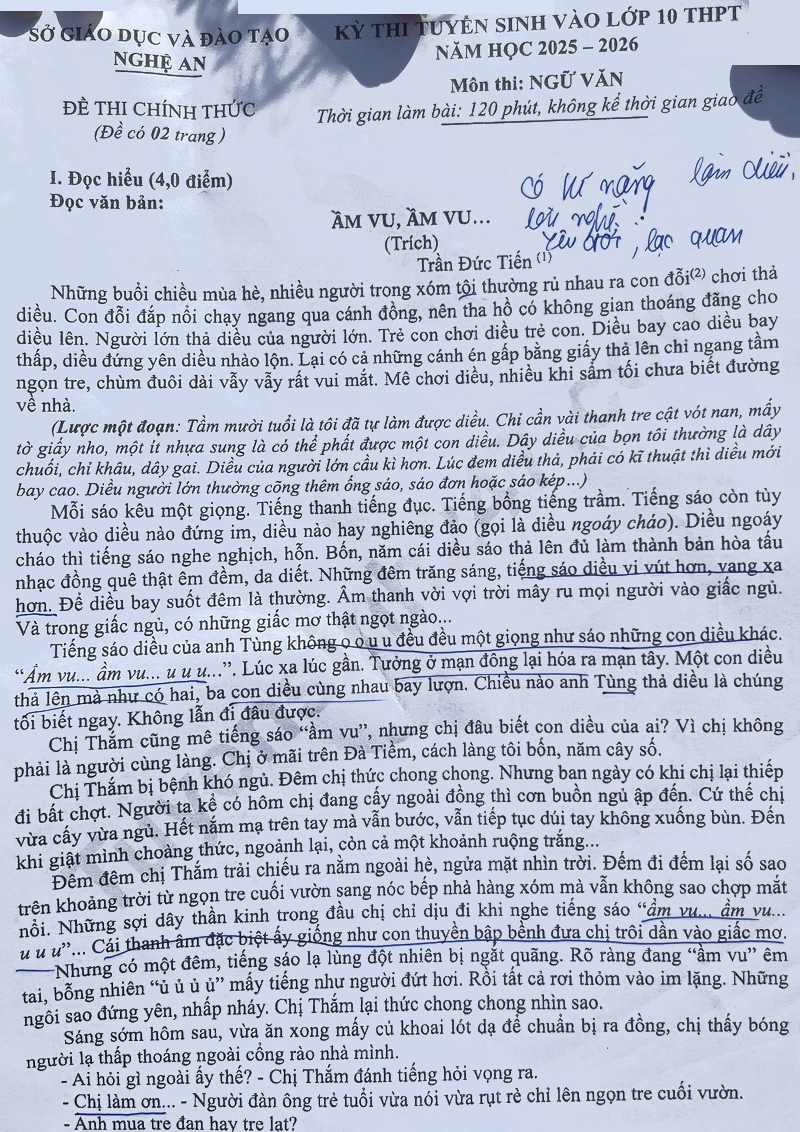 Đề thi vào lớp 10 môn Văn Nghệ An 2025
