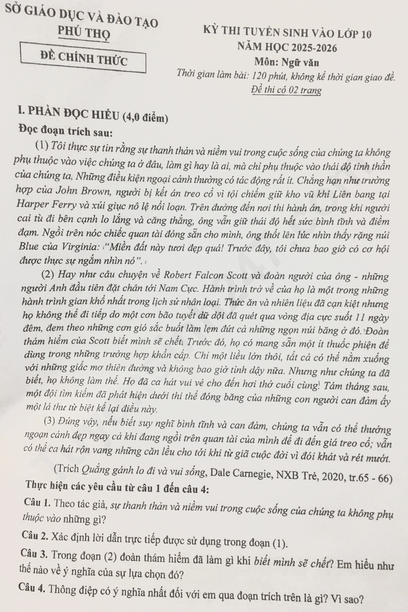 Đề thi vào lớp 10 môn Văn Phú Thọ 2025