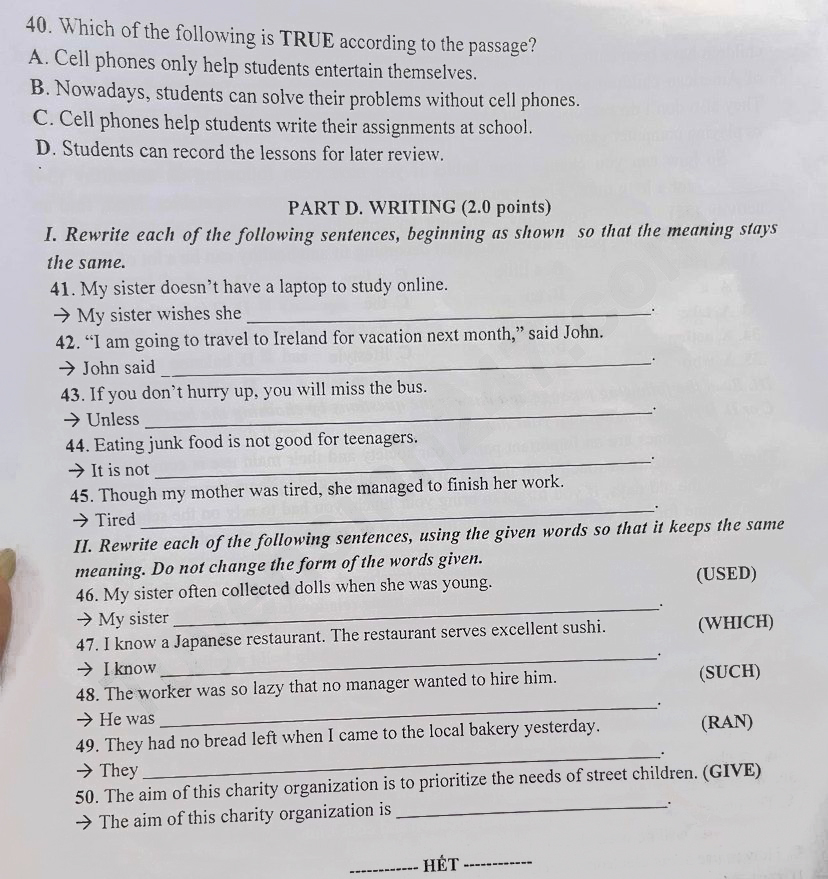 Đề thi vào lớp 10 môn Anh Thanh Hóa 2025