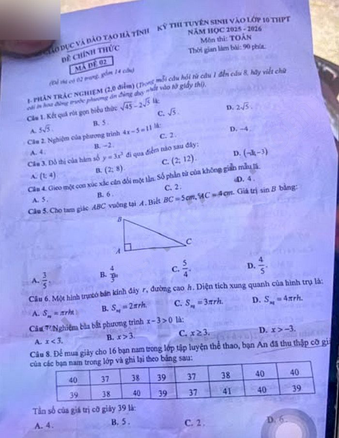 Đề thi vào lớp 10 môn Toán Hà Tĩnh 2025