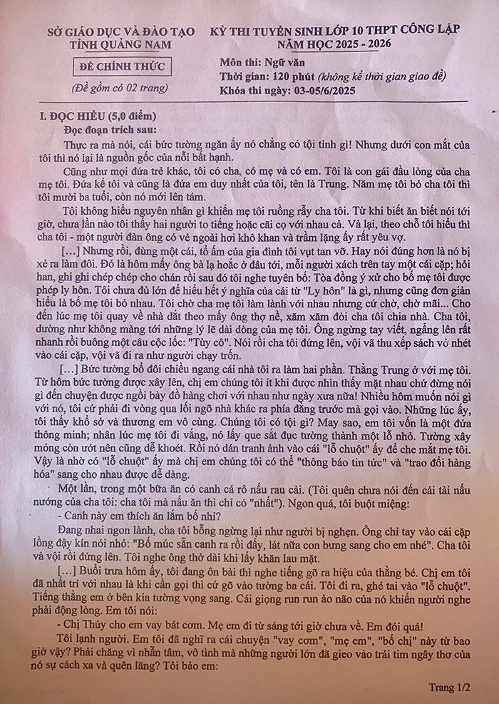Đề thi tuyển sinh lớp 10 môn Văn tỉnh Quảng Nam 2025