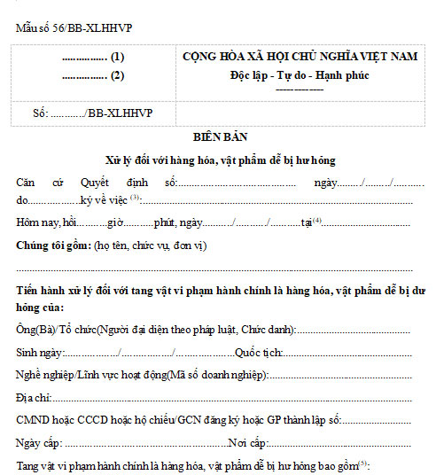 Mẫu biên bản xử lý đối với hàng hóa, vật phẩm dễ bị hư hỏng
