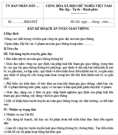 Mẫu kế hoạch an toàn giao thông