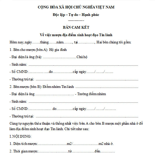 Mẫu bản cam kết về việc mượn địa điểm sinh hoạt đạo tin lành