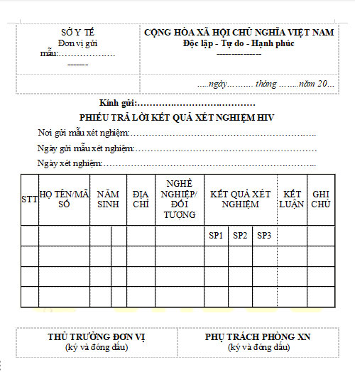 Mẫu phiếu trả lời kết quả xét nghiệm HIV