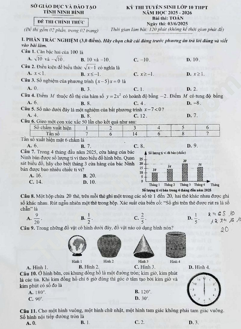 Đề thi vào lớp 10 môn Toán Ninh Bình 2025
