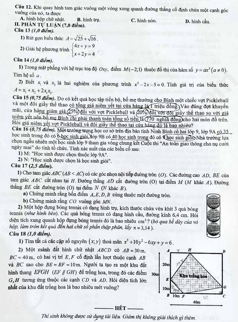 Đề thi vào lớp 10 môn Toán Ninh Bình 2025