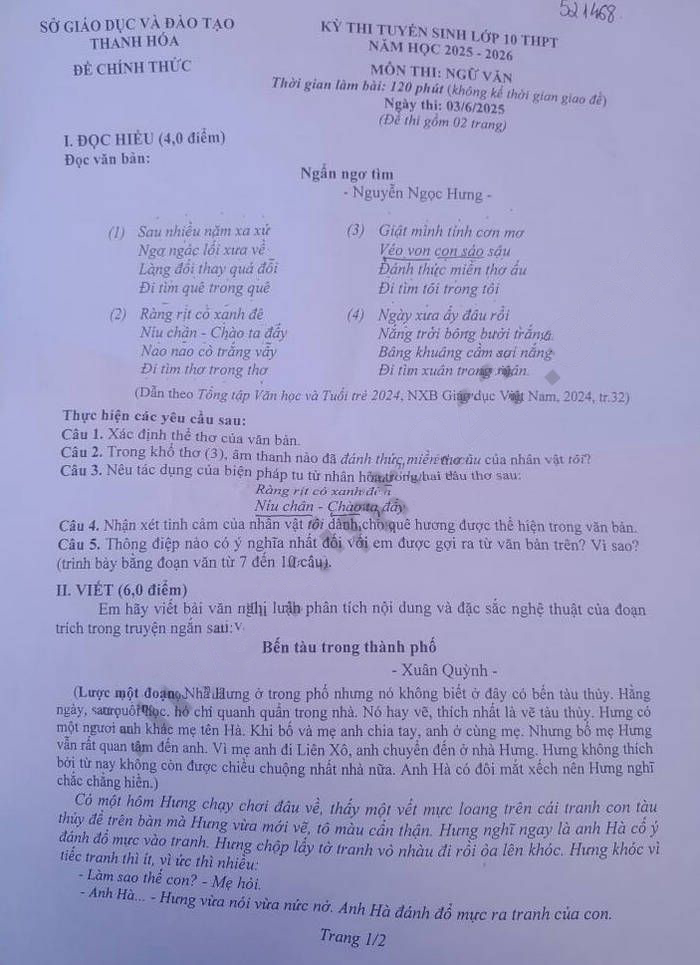 Đề thi vào lớp 10 môn Văn Thanh Hóa 2025