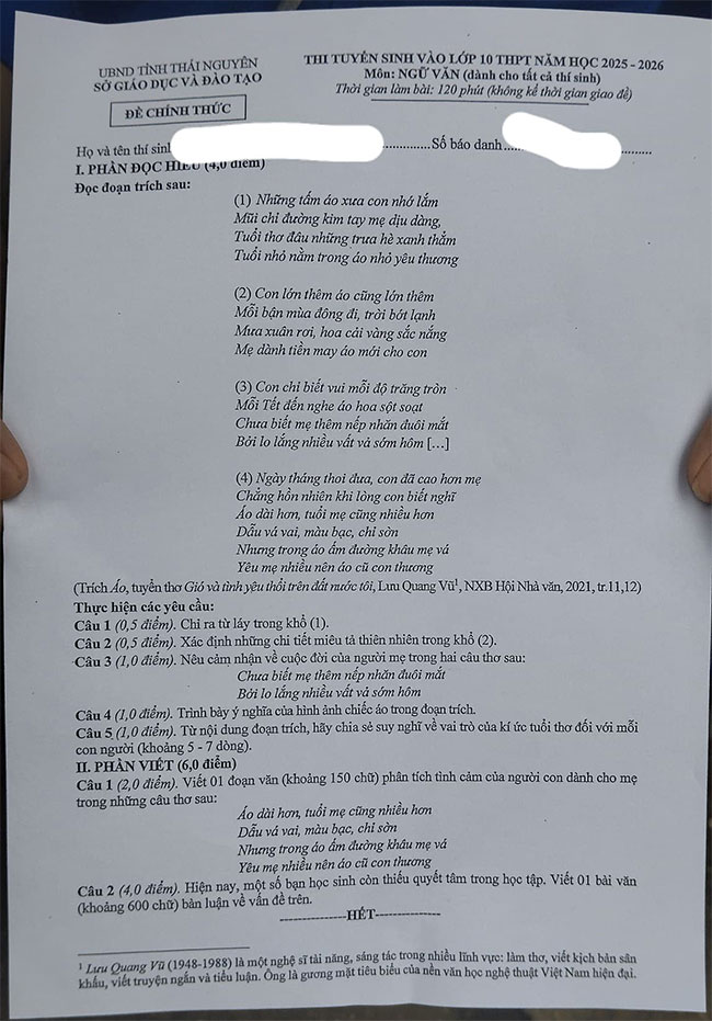 Đề thi vào lớp 10 môn Văn Thái Nguyên 2025