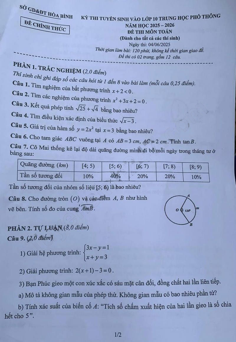 Đề thi vào lớp 10 môn Toán Hòa Bình 2025