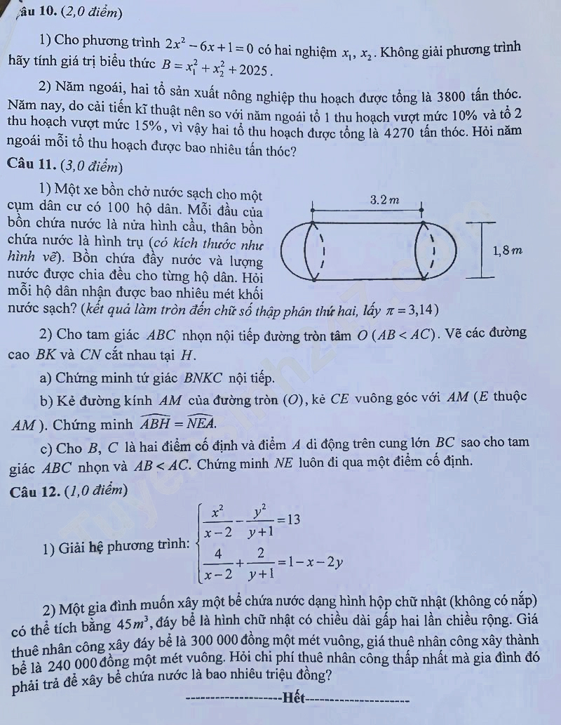 Đề thi vào lớp 10 môn Toán Hòa Bình 2025