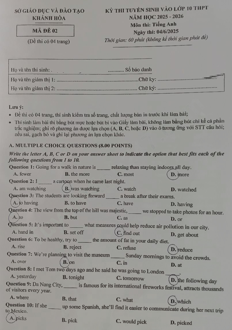 Đề thi vào lớp 10 môn Anh Khánh Hòa 2025