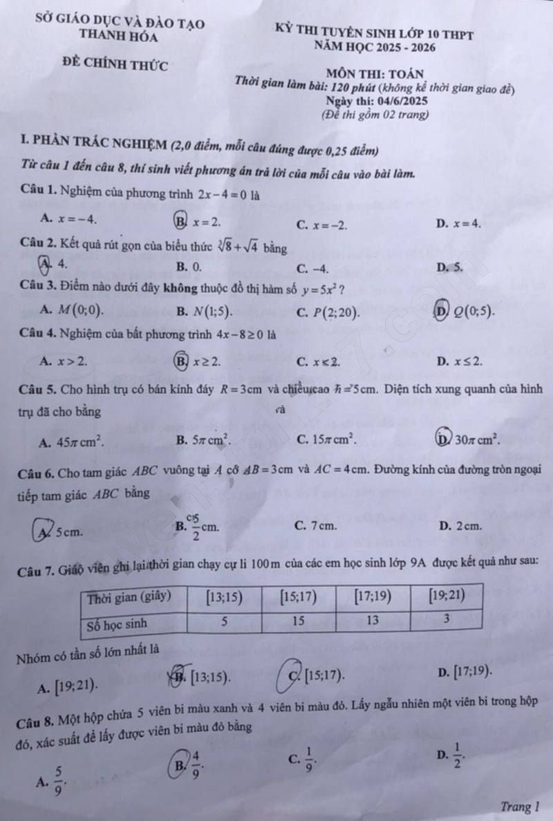 Đề thi vào lớp 10 môn Toán Thanh Hóa 2025