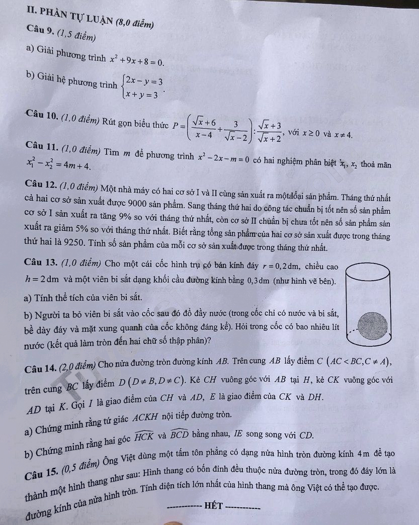 Đề thi vào lớp 10 môn Toán Thanh Hóa 2025