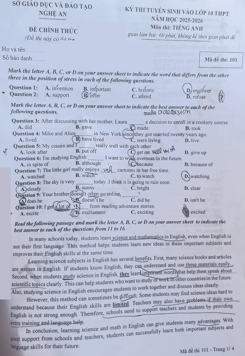Đề thi vào lớp 10 môn Anh Nghệ An 2025
