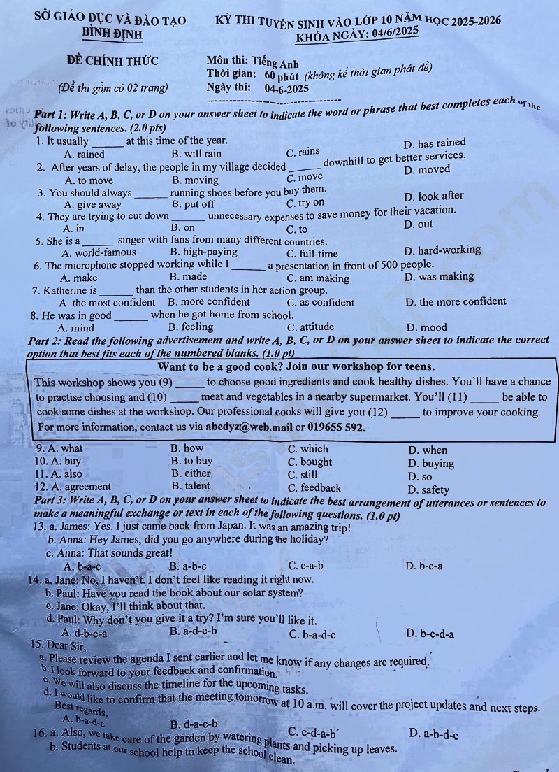 Đề thi vào lớp 10 môn Anh Bình Định 2025
