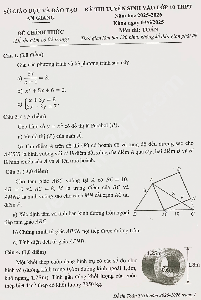 Đề thi vào lớp 10 môn Toán An Giang 2025
