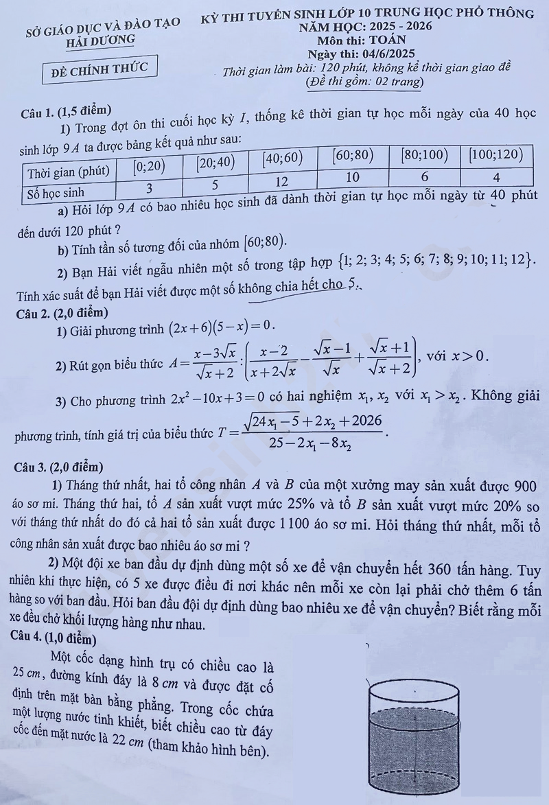 Đề thi vào lớp 10 môn Toán Hải Dương 2025