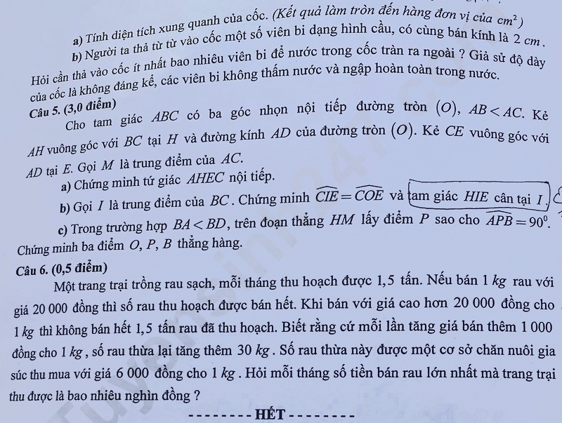 Đề thi vào lớp 10 môn Toán Hải Dương 2025