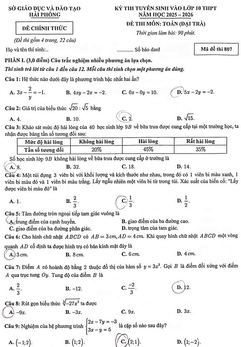 Đề thi vào lớp 10 môn Toán Hải Phòng 2025