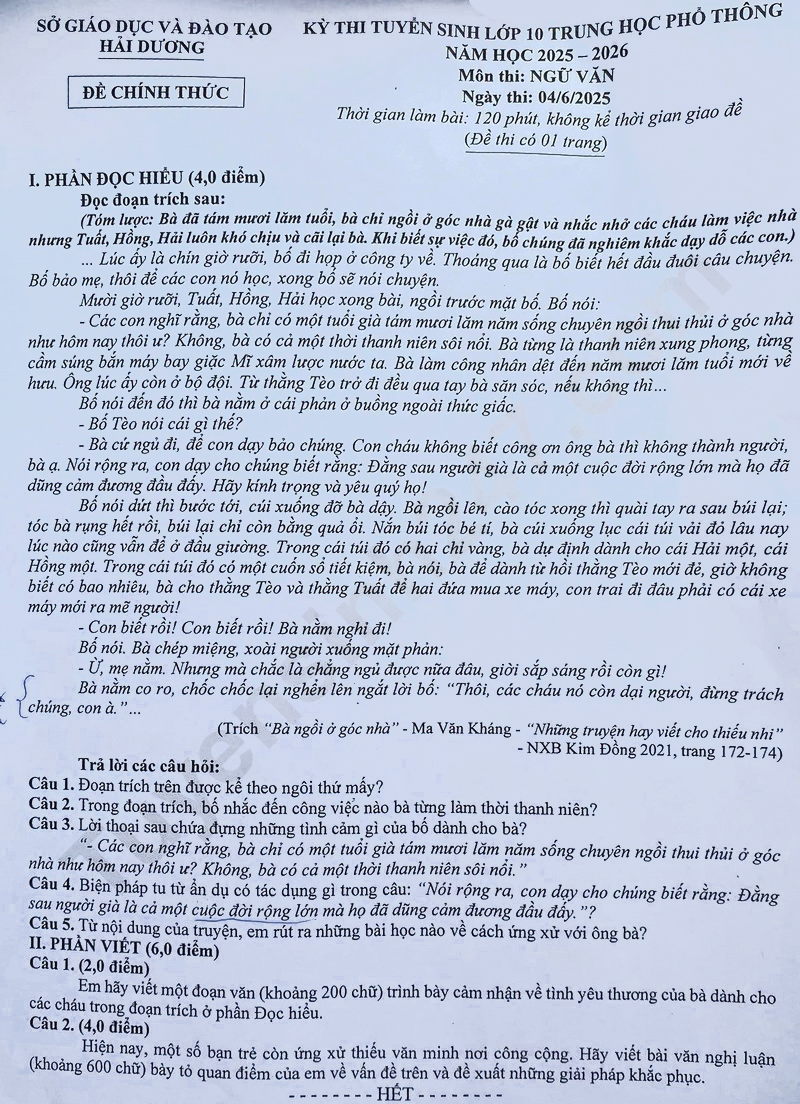 Đề thi vào lớp 10 môn Văn Hải Dương 2025
