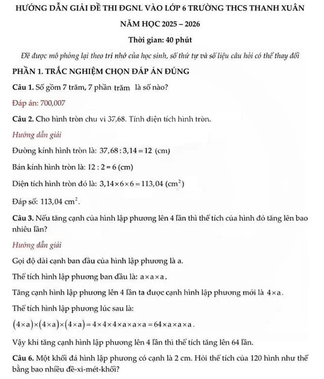 Đáp án đề thi Toán vào lớp 6 trường THCS Thanh Xuân 2025-2026