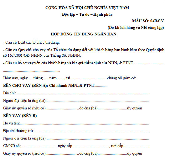 Mẫu hợp đồng tín dụng ngắn hạn