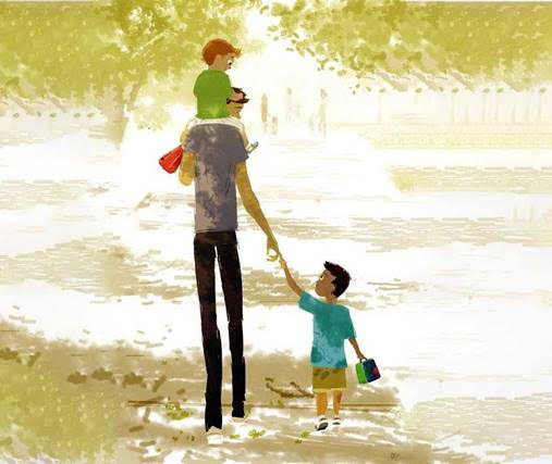 Hình ảnh bố bế và dắt tay con vẽ bằng màu nước